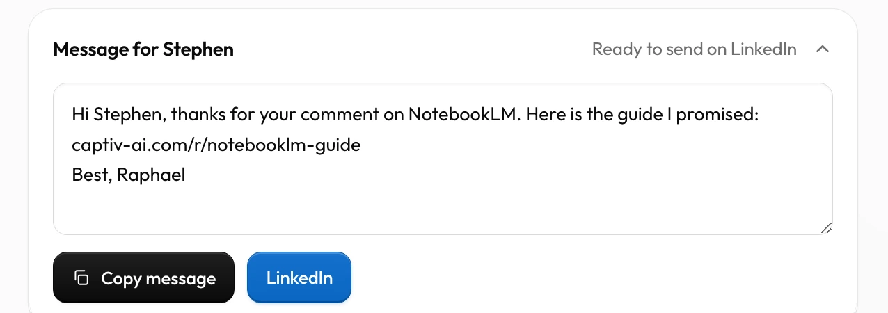The message prepared for a lead, ready to send: readable and editable, with the Copy message button