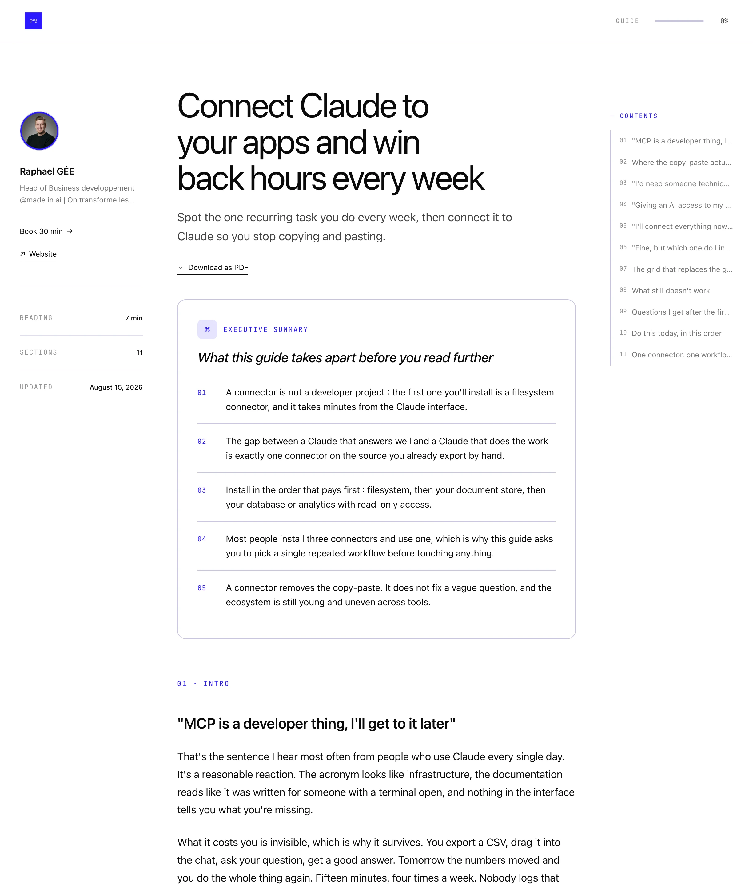 The resource page Captiv builds, exactly as a lead receives it: author sidebar, numbered contents, sections, video, PDF and booking