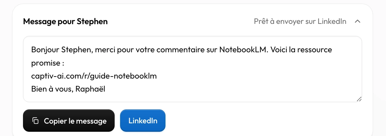 Le message préparé pour un lead, prêt à envoyer : lisible et modifiable, avec le bouton Copier le message