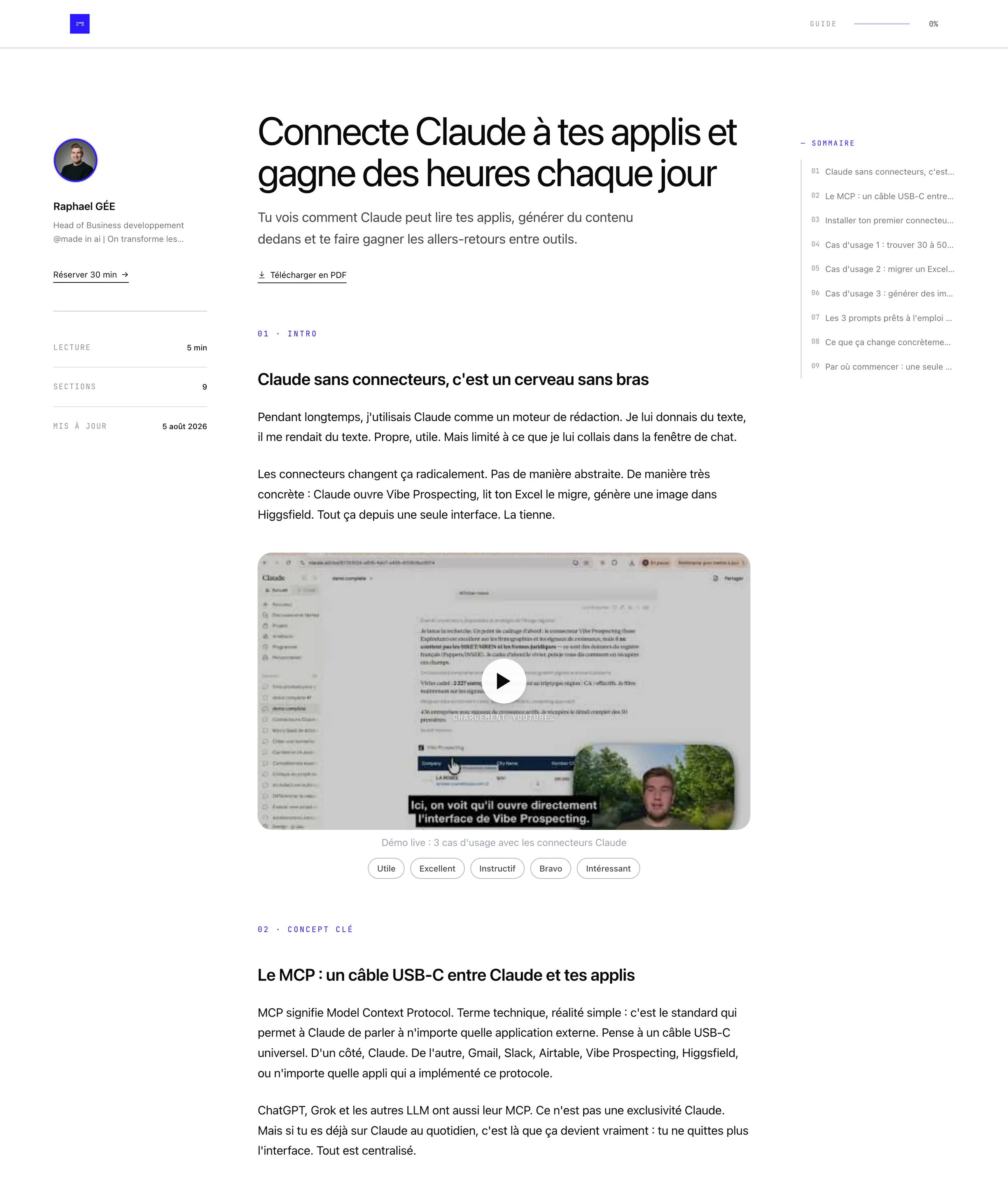 La page ressource générée par Captiv, telle que la reçoit un lead : sidebar auteur, sommaire numéroté, sections, vidéo, PDF et prise de rendez-vous